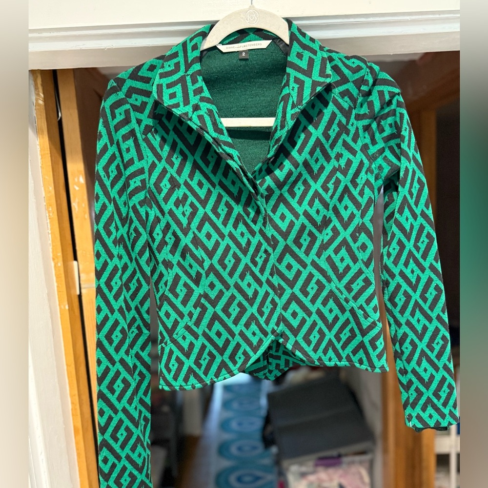 Diane Von Furstenberg Green and Black Geometric wool Jacket GUC - Picture 1 of 5